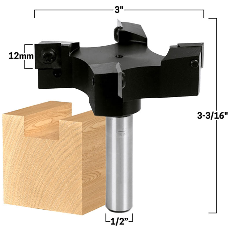 Insert Cutter Spoilboard 3" Diameter 4 Cutter 1/2" Shank Router Bit
