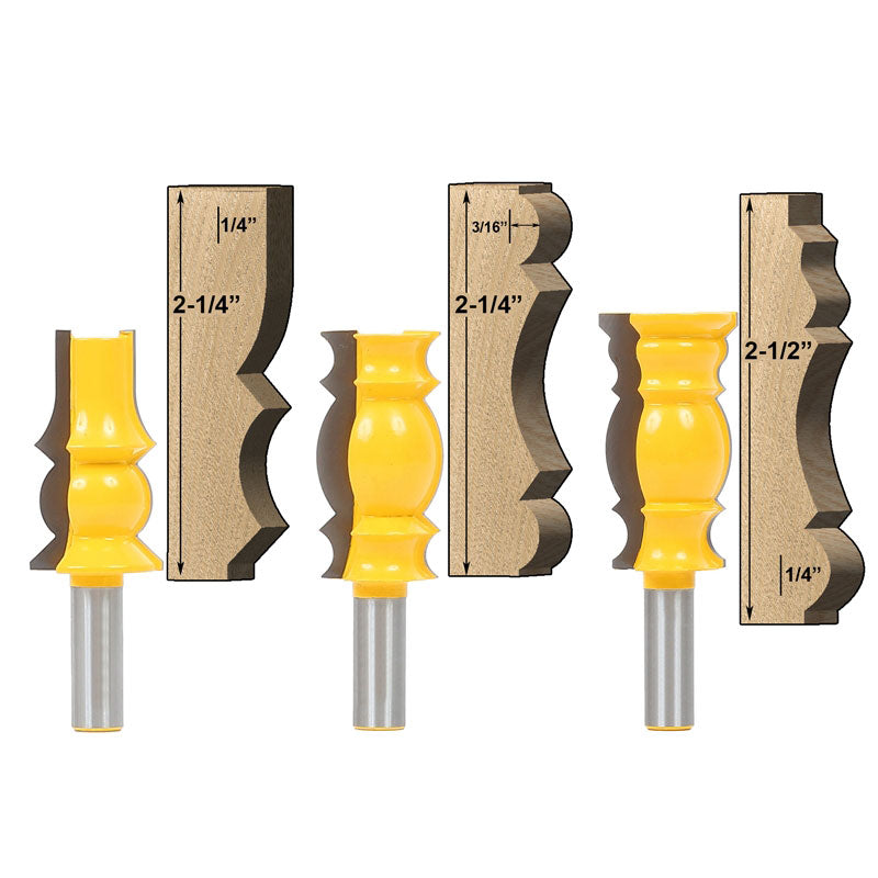 3 Bit Crown Molding 1/2" Shank Router Bit Set