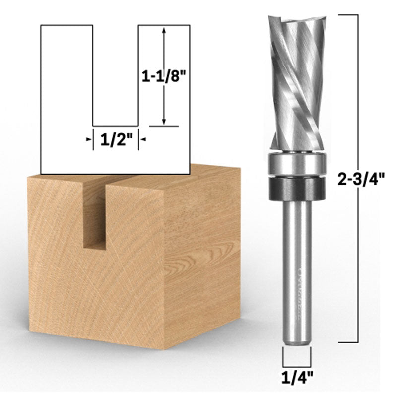 Top Bearing Upcut Ultra Performance Flush Trim 1 1/8" H X 1/2" D 1/4" Shank Router Bit