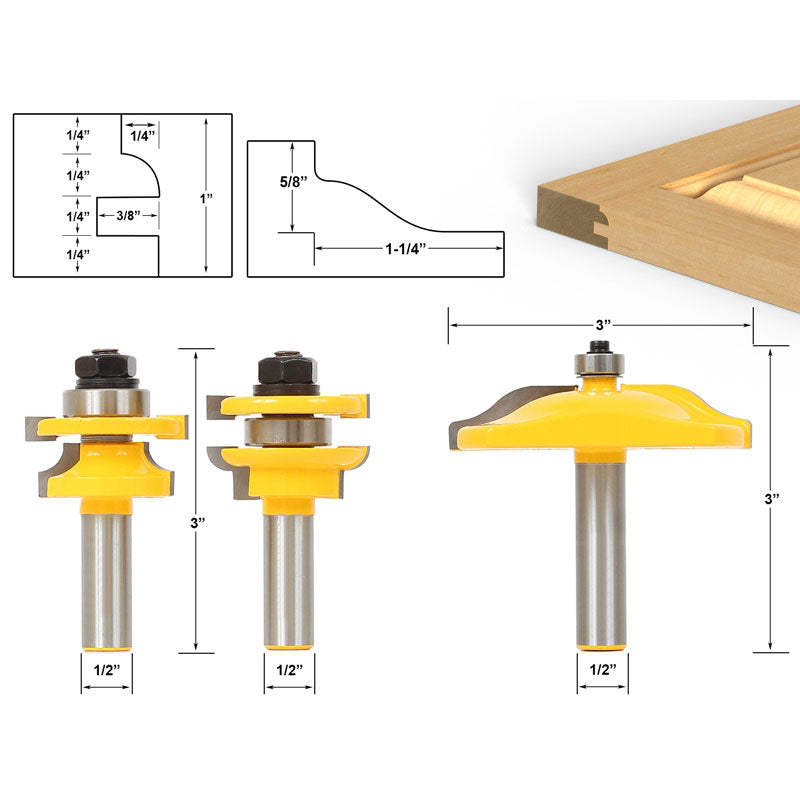 Round Over 3 Bit 1/2" Shank Raised Panel Cabinet Door Router Bit Set