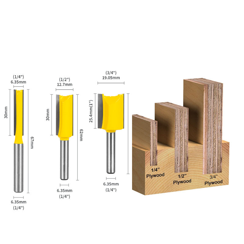 3 Bit Undersized Dado Router Bit Set For 3/4" 1/2" & 1/4" Plywood