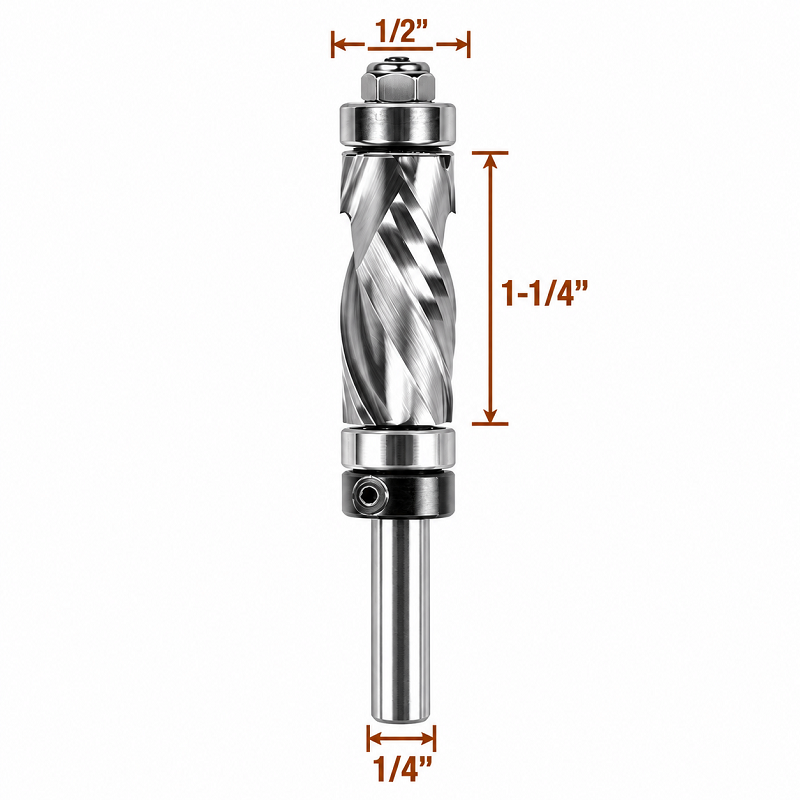 Double Bearing Spiral Flush Trim Router Bit, 1/4" Shank, 1/2" Cutting Diameter Compression Cutter for Woodworking