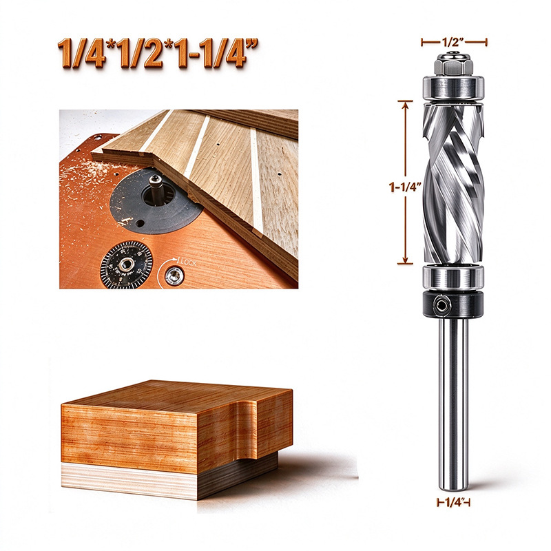 Double Bearing Spiral Flush Trim Router Bit, 1/4" Shank, 1/2" Cutting Diameter Compression Cutter for Woodworking