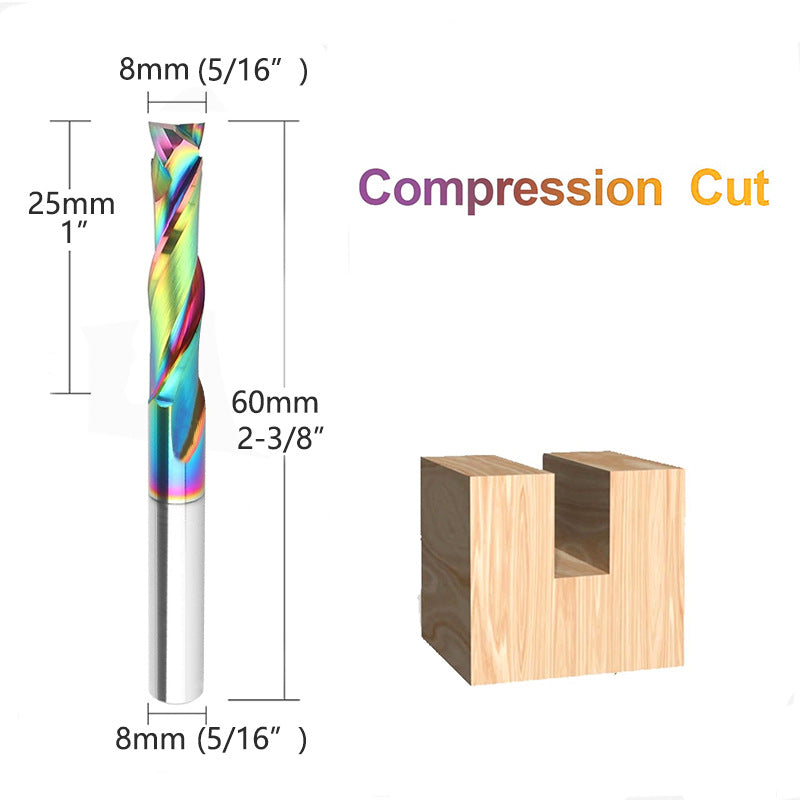 8mm Double-Edged Compound Milling Cutter Spiral Tungsten Carbide Router Bit DLC Rainbow Coated CNC Tool for Wood and Acrylic Engraving