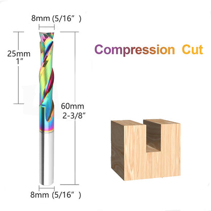 8mm Double-Edged Compound Milling Cutter Spiral Tungsten Carbide Router Bit DLC Rainbow Coated CNC Tool for Wood and Acrylic Engraving