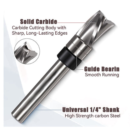 3 Flute Downcut Flush Trim Router Bit with Top Bearing, Carbide Spiral Pattern Template Bit for Woodworking
