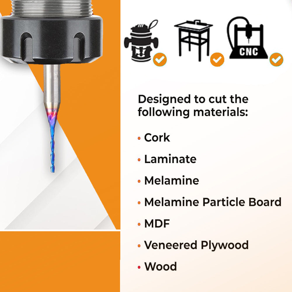 CNC Spiral Upcut Router Bit, 1/4" Shank Solid Carbide End Mill with NaCo Coating for Wood Cutting, Carving, Engraving & Joinery