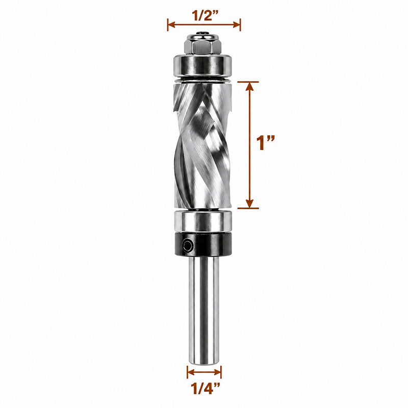 Double Bearing Spiral Flush Trim Router Bit, 1/4" Shank, 1/2" Cutting Diameter Compression Cutter for Woodworking