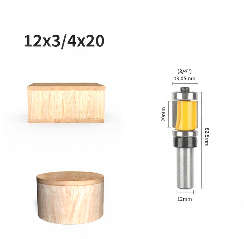 6 Pcs Flush Trim Router Bit Set with Top & Bottom Bearing, 3/4 Inch Cutting Diameter, 12mm Shank