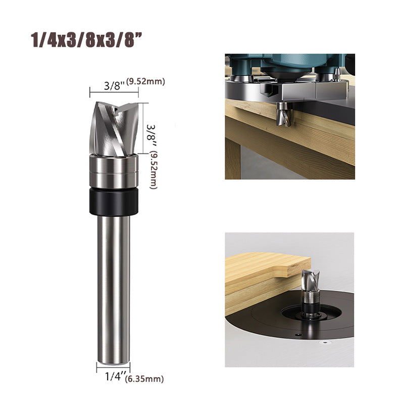 3 Flute Downcut Flush Trim Router Bit with Top Bearing, Carbide Spiral Pattern Template Bit for Woodworking
