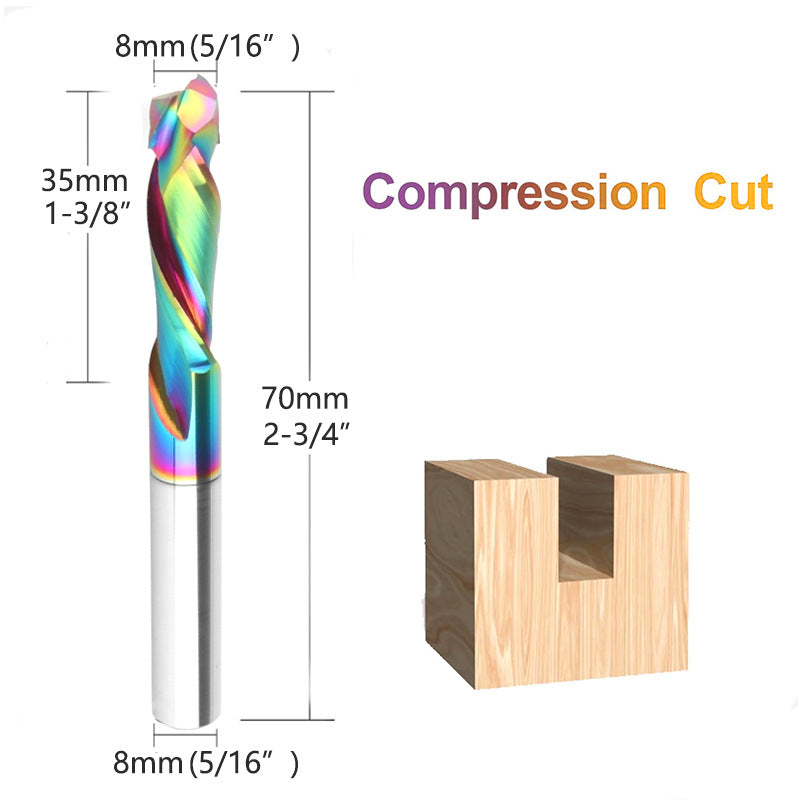 8mm Double-Edged Compound Milling Cutter Spiral Tungsten Carbide Router Bit DLC Rainbow Coated CNC Tool for Wood and Acrylic Engraving