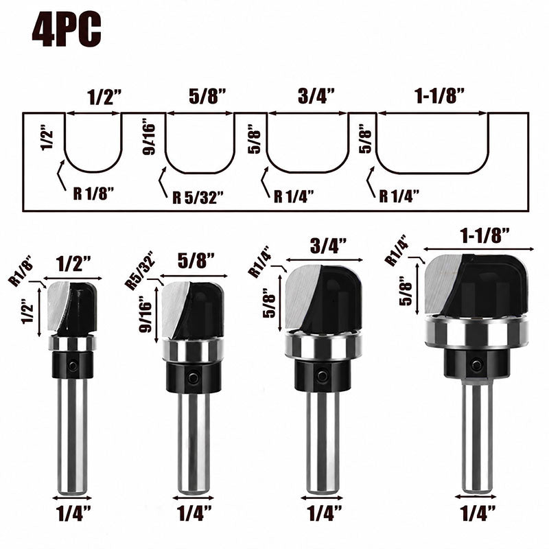 4 Piece Bowl & Tray Template Router Bit Set, 1/4" Shank – Carbide Tipped Cove Juice Groove Bits for Wood Bowls, Trays, Boxes, and Troughs