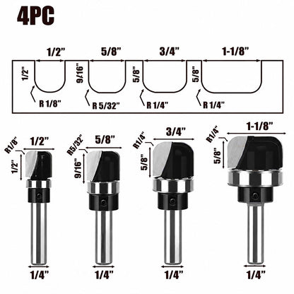 4 Piece Bowl & Tray Template Router Bit Set, 1/4" Shank – Carbide Tipped Cove Juice Groove Bits for Wood Bowls, Trays, Boxes, and Troughs