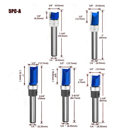 5PCS Flush Trim Router Bit Set 1/4" Shank, Bottom Bearing Carbide Pattern Straight Bits for Wood Trimming & Slot Cutting