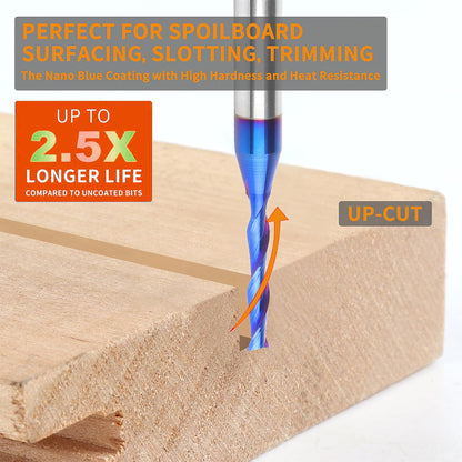 CNC Spiral Upcut Router Bit, 1/4" Shank Solid Carbide End Mill with NaCo Coating for Wood Cutting, Carving, Engraving & Joinery