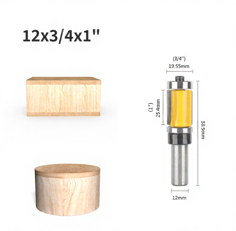 6 Pcs Flush Trim Router Bit Set with Top & Bottom Bearing, 3/4 Inch Cutting Diameter, 12mm Shank