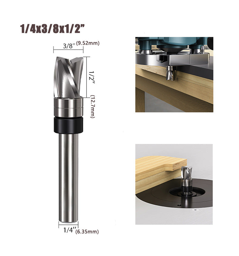 3 Flute Downcut Flush Trim Router Bit with Top Bearing, Carbide Spiral Pattern Template Bit for Woodworking