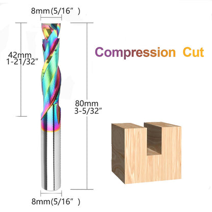 8mm Double-Edged Compound Milling Cutter Spiral Tungsten Carbide Router Bit DLC Rainbow Coated CNC Tool for Wood and Acrylic Engraving