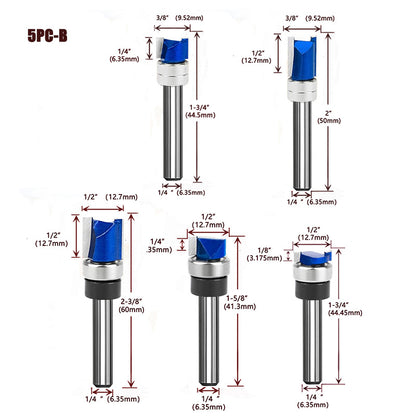 5PCS Flush Trim Router Bit Set 1/4" Shank, Bottom Bearing Carbide Pattern Straight Bits for Wood Trimming & Slot Cutting