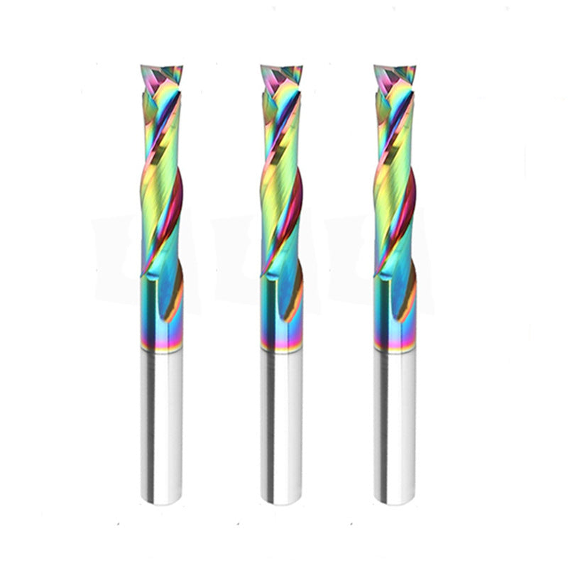 8mm Double-Edged Compound Milling Cutter Spiral Tungsten Carbide Router Bit DLC Rainbow Coated CNC Tool for Wood and Acrylic Engraving