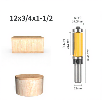 6 Pcs Flush Trim Router Bit Set with Top & Bottom Bearing, 3/4 Inch Cutting Diameter, 12mm Shank