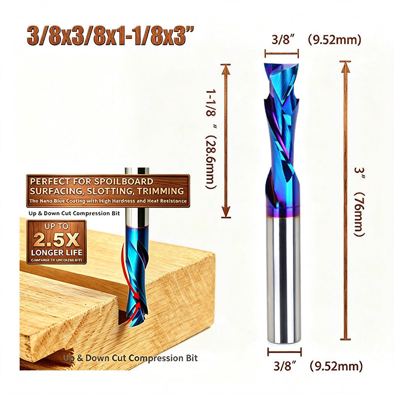 3/8 Inch Shank 1-1/8" Cutting Length Compression CNC Router Bit Spiral End Mill