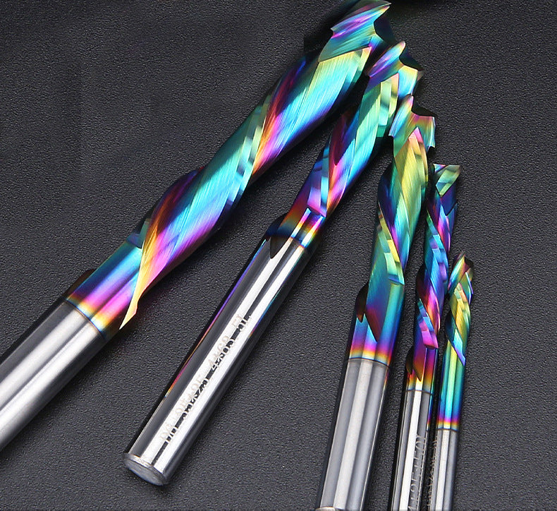 1/4" Double-Edged Compound Milling Cutter Spiral Tungsten Carbide Router Bit DLC Rainbow Coated CNC Tool