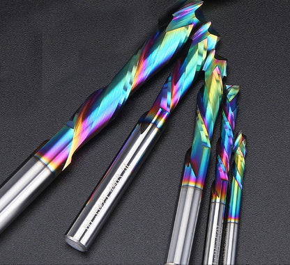 1/4" Double-Edged Compound Milling Cutter Spiral Tungsten Carbide Router Bit DLC Rainbow Coated CNC Tool