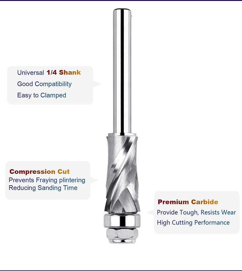 Bottom Bearing Compression Spiral Flush Trim Router Bits, Solid Carbide, CNC Pattern and Template for Wood Trimming