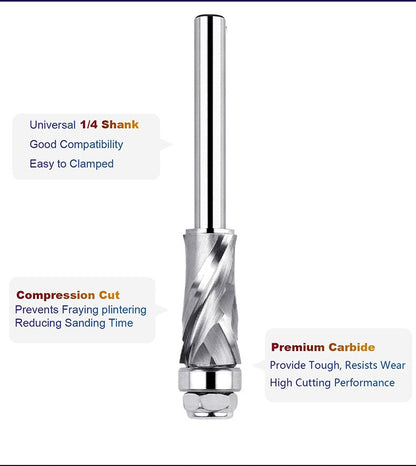 Bottom Bearing Compression Spiral Flush Trim Router Bits, Solid Carbide, CNC Pattern and Template for Wood Trimming