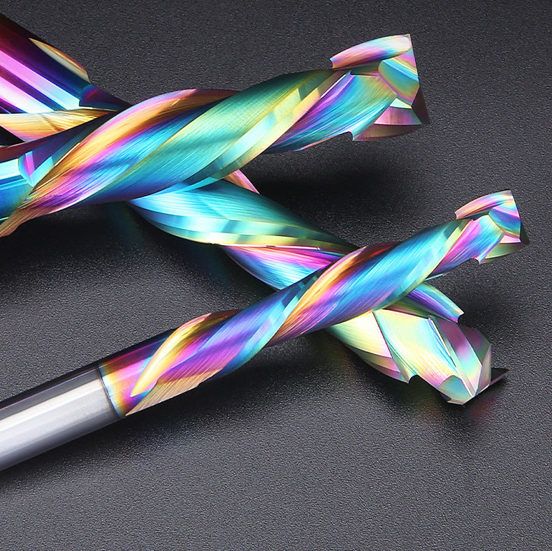 1/4" Double-Edged Compound Milling Cutter Spiral Tungsten Carbide Router Bit DLC Rainbow Coated CNC Tool