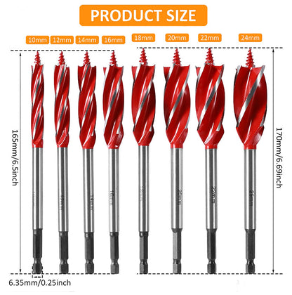 8PCS Wood Auger Drill Bit Set High Carbon Steel 1/4" Hex Shank 4 Flute Spiral Split Point for Woodworking and Plastic