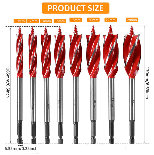 8PCS Wood Auger Drill Bit Set High Carbon Steel 1/4" Hex Shank 4 Flute Spiral Split Point for Woodworking and Plastic