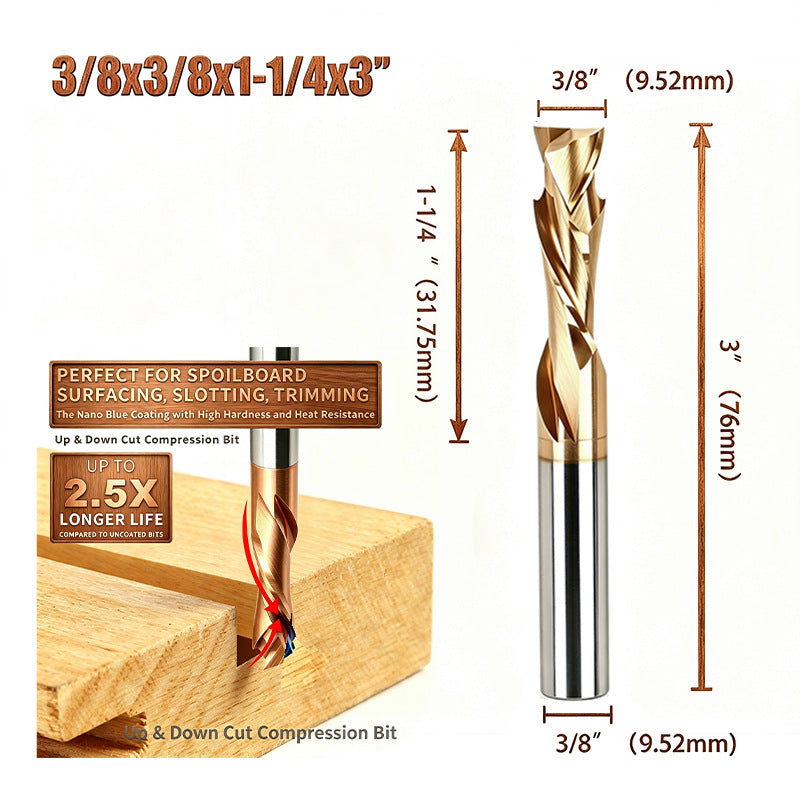 3/8 Inch Shank 1-1/4" Cutting Length Compression CNC Router Bit Spiral End Mill