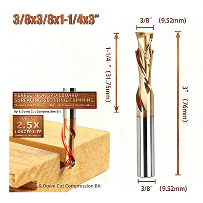 3/8 Inch Shank 1-1/4" Cutting Length Compression CNC Router Bit Spiral End Mill