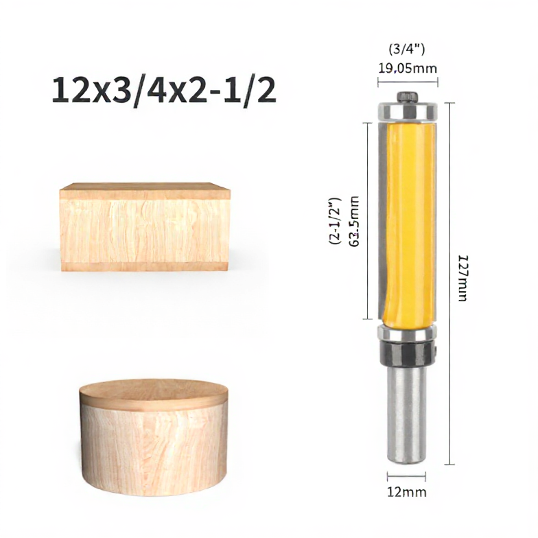 6 Pcs Flush Trim Router Bit Set with Top & Bottom Bearing, 3/4 Inch Cutting Diameter, 12mm Shank