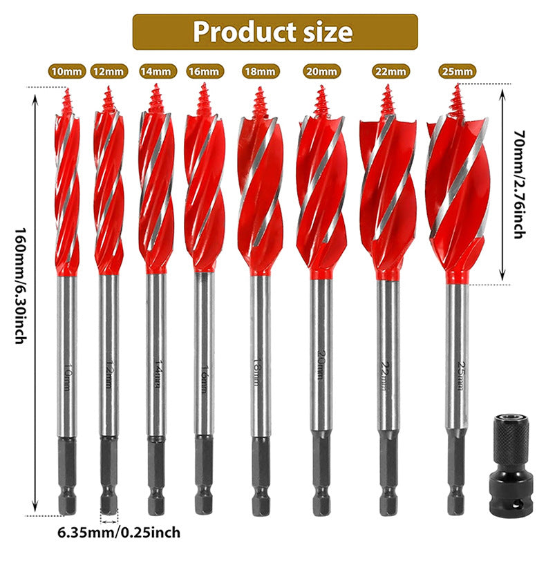 8PCS Wood Auger Drill Bit Set High Carbon Steel 1/4" Hex Shank 4 Flute Spiral Split Point for Woodworking and Plastic
