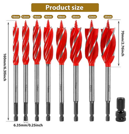 8PCS Wood Auger Drill Bit Set High Carbon Steel 1/4" Hex Shank 4 Flute Spiral Split Point for Woodworking and Plastic