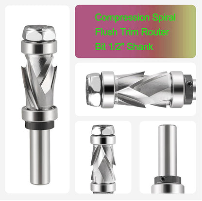 7/8" Cutting Dia 1/2" Shank Compression Spiral Flush Trim Router Bit with Top & Bottom Bearing For Wood Trimming Template and Pattern Work