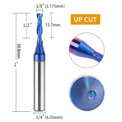 CNC Spiral Upcut Router Bit, 1/4" Shank Solid Carbide End Mill with NaCo Coating for Wood Cutting, Carving, Engraving & Joinery