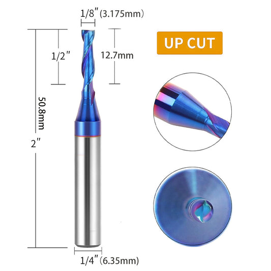 CNC Spiral Upcut Router Bit, 1/4" Shank Solid Carbide End Mill with NaCo Coating for Wood Cutting, Carving, Engraving & Joinery