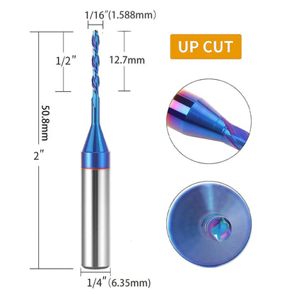 CNC Spiral Upcut Router Bit, 1/4" Shank Solid Carbide End Mill with NaCo Coating for Wood Cutting, Carving, Engraving & Joinery