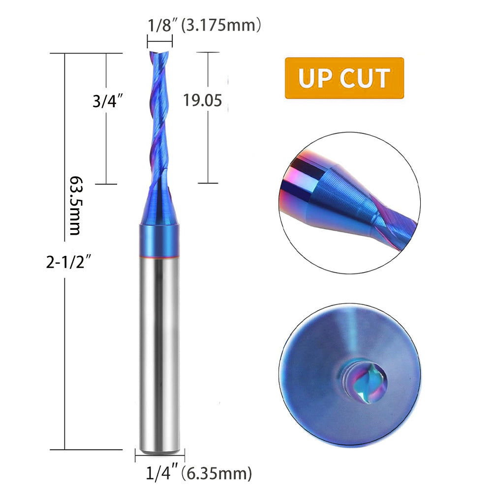 CNC Spiral Upcut Router Bit, 1/4" Shank Solid Carbide End Mill with NaCo Coating for Wood Cutting, Carving, Engraving & Joinery