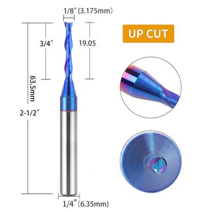CNC Spiral Upcut Router Bit, 1/4" Shank Solid Carbide End Mill with NaCo Coating for Wood Cutting, Carving, Engraving & Joinery