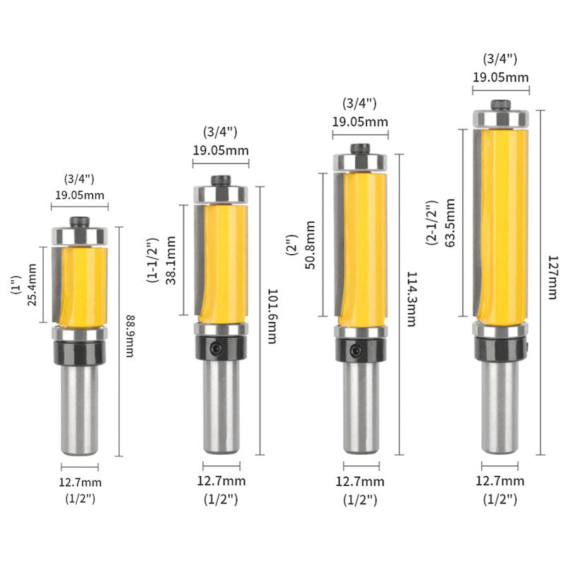 4 PSC Milling Cutter Flush Trim Bit with Double Bearing Router Bit Set