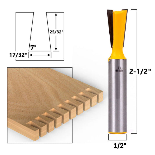 7° X 17/32" Dovetail 1/2" Shank Router Bit