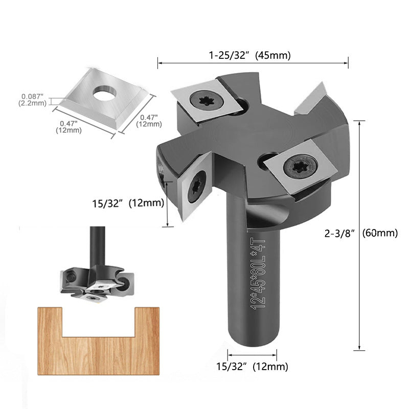 12mm Shank Anti Vibration 2+2 Carbide Insert Wood Router Bit with Removable Blade for Efficient Surfacing Slotting and Leveling
