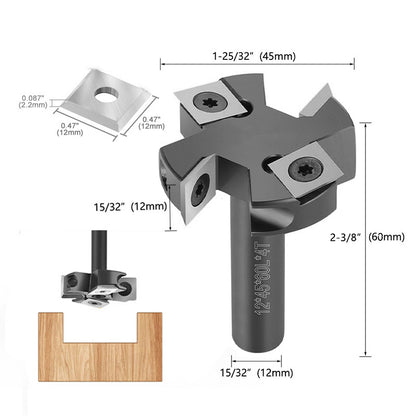 12mm Shank Anti Vibration 2+2 Carbide Insert Wood Router Bit with Removable Blade for Efficient Surfacing Slotting and Leveling
