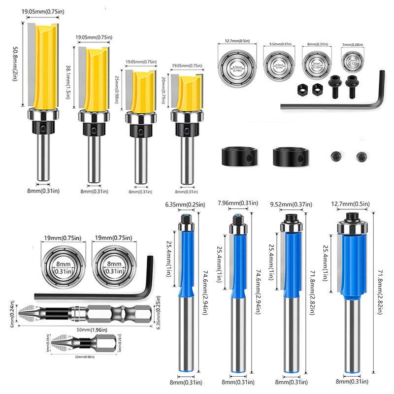 8PCS 8mm Shank Router Bit Set – Flush Trim & Straight Bits with Double Bearings for Woodworking, Edging & Trimming