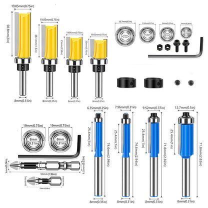 8PCS 8mm Shank Router Bit Set – Flush Trim & Straight Bits with Double Bearings for Woodworking, Edging & Trimming